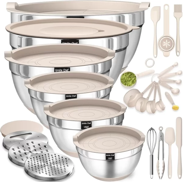 Mixing Bowls with Airtight Lids Set, 26PCS Stainless Steel Khaki Bowls with Grater Attachments, Non-Slip Bottoms - Image 3