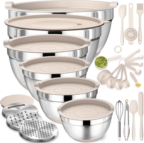 Mixing Bowls with Airtight Lids Set, 26PCS Stainless Steel Khaki Bowls with Grater Attachments, Non-Slip Bottoms
