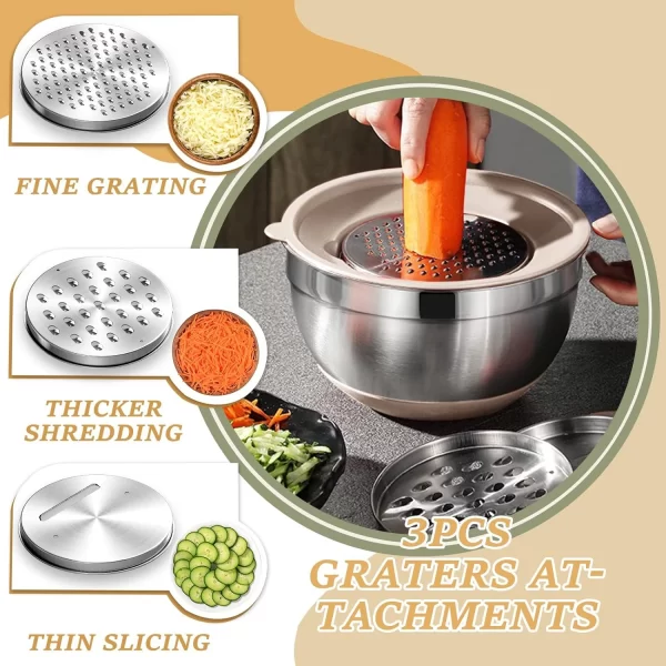 Mixing Bowls with Airtight Lids Set, 26PCS Stainless Steel Khaki Bowls with Grater Attachments, Non-Slip Bottoms - Image 6