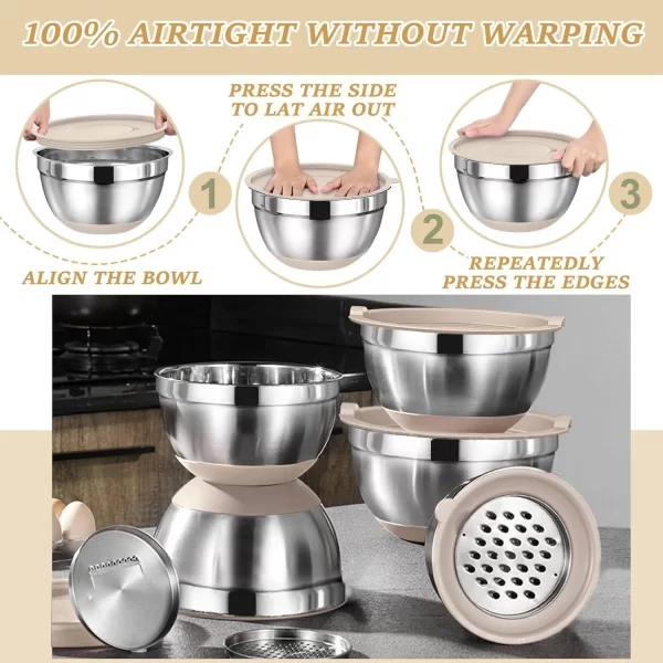 Mixing Bowls with Airtight Lids Set, 26PCS Stainless Steel Khaki Bowls with Grater Attachments, Non-Slip Bottoms - Image 4