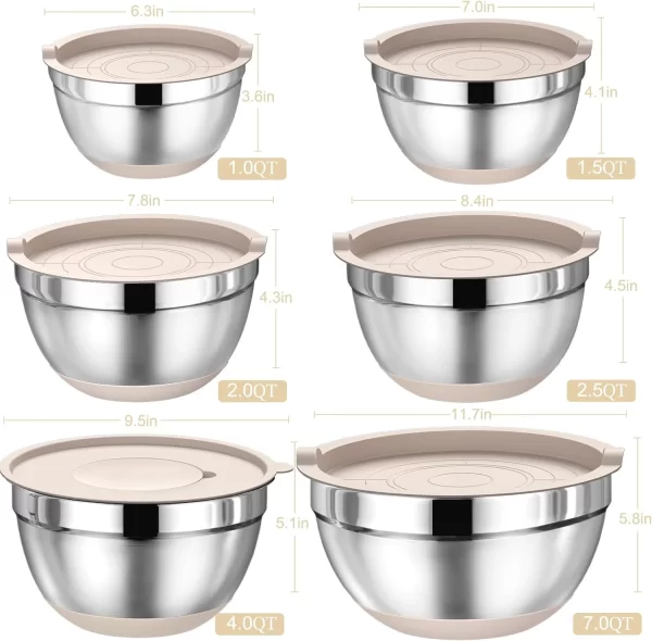 Mixing Bowls with Airtight Lids Set, 26PCS Stainless Steel Khaki Bowls with Grater Attachments, Non-Slip Bottoms - Image 2