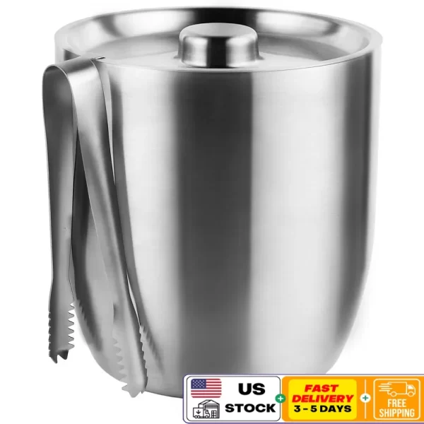 3L Double Wall Insulated Ice Bucket with Lid Stainless Steel Cocktails Wine Champagne Tongs Cooler Parties Outdoor Bar