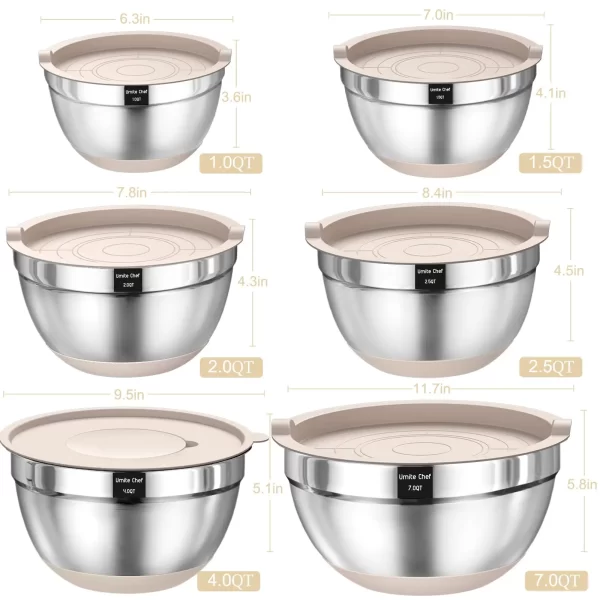 Mixing Bowls with Airtight Lids Set, 26PCS Stainless Steel Khaki Bowls with Grater Attachments, Non-Slip Bottoms - Image 7