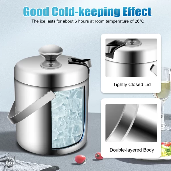 1.3L/4.9 Gal Ice Bucket W/ Lid and Tongs 304 Double Wall Stainless Steel Ice Containerwith Built-in Ice Tong and Strainer