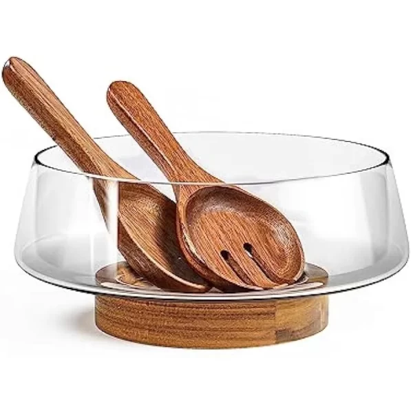 Extra Large Glass Salad Bowl Set - Salad Bowls for Party with Acacia Wood Base and Salad Serving Utensils - Elegant and Practic