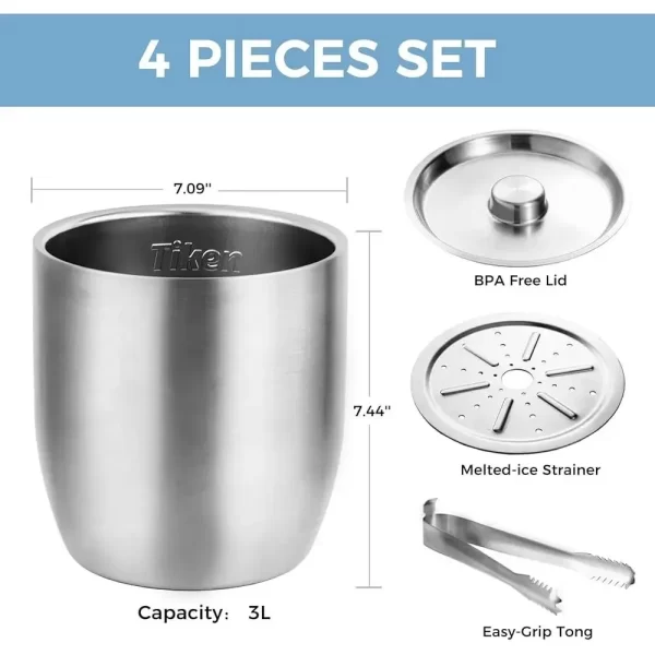 3L Double Wall Insulated Ice Bucket with Lid Stainless Steel Cocktails Wine Champagne Tongs Cooler Parties Outdoor Bar - Image 3