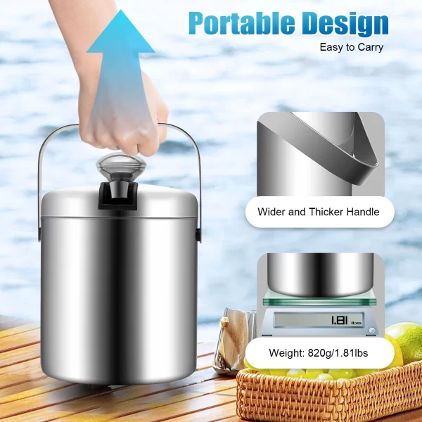 1.3L/4.9 Gal Ice Bucket W/ Lid and Tongs 304 Double Wall Stainless Steel Ice Containerwith Built-in Ice Tong and Strainer - Image 4