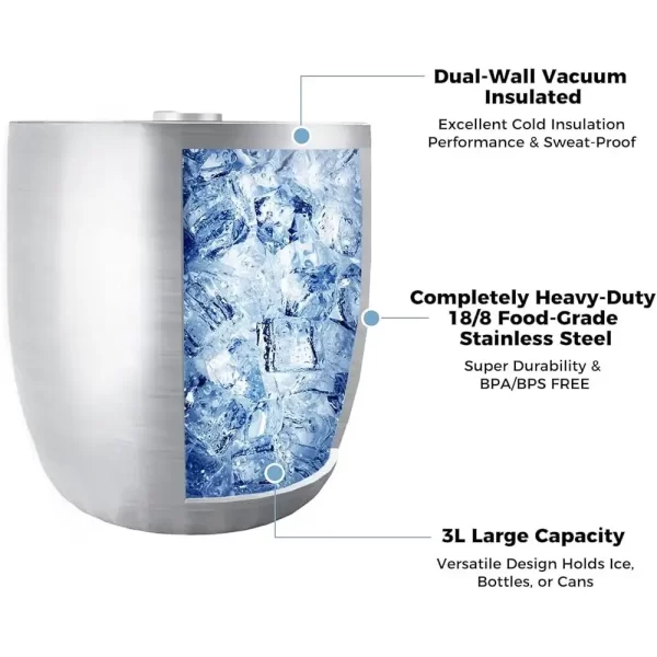 3L Double Wall Insulated Ice Bucket with Lid Stainless Steel Cocktails Wine Champagne Tongs Cooler Parties Outdoor Bar - Image 6