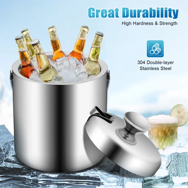 1.3L/4.9 Gal Ice Bucket W/ Lid and Tongs 304 Double Wall Stainless Steel Ice Containerwith Built-in Ice Tong and Strainer - Image 2