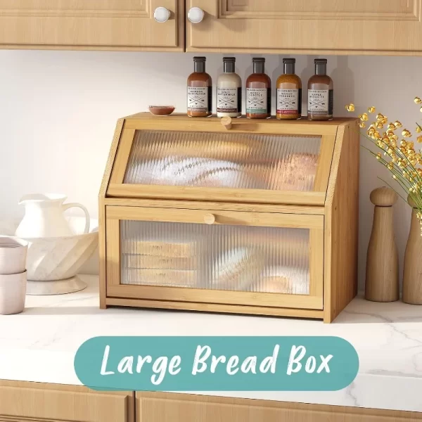 Bread Box for Kitchen Counter, Large Bamboo Wood Double Layer Bread Box, Wooden Bread Storage Capacity - Image 2
