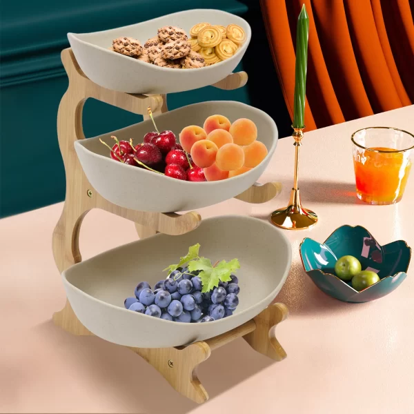 Fruit Bowl, 3 Tier Ceramic Fruit Basket, 3 Tier Serving Stand Serving Bowl with Bamboo Wooden Frame, Porcelain Kitchen Bowls - Image 2