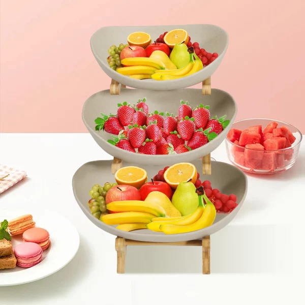 Fruit Bowl, 3 Tier Ceramic Fruit Basket, 3 Tier Serving Stand Serving Bowl with Bamboo Wooden Frame, Porcelain Kitchen Bowls - Image 5