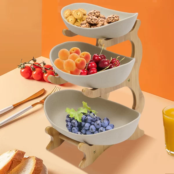 Fruit Bowl, 3 Tier Ceramic Fruit Basket, 3 Tier Serving Stand Serving Bowl with Bamboo Wooden Frame, Porcelain Kitchen Bowls - Image 4