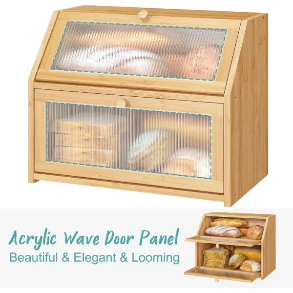 Bread Box for Kitchen Counter, Large Bamboo Wood Double Layer Bread Box, Wooden Bread Storage Capacity - Image 4