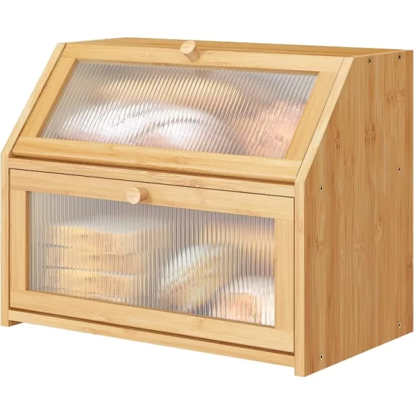 Bread Box for Kitchen Counter, Large Bamboo Wood Double Layer Bread Box, Wooden Bread Storage Capacity