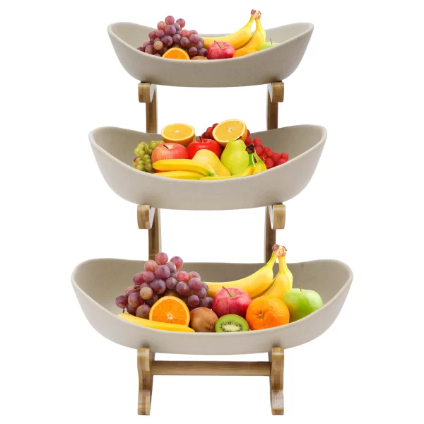Fruit Bowl, 3 Tier Ceramic Fruit Basket, 3 Tier Serving Stand Serving Bowl with Bamboo Wooden Frame, Porcelain Kitchen Bowls
