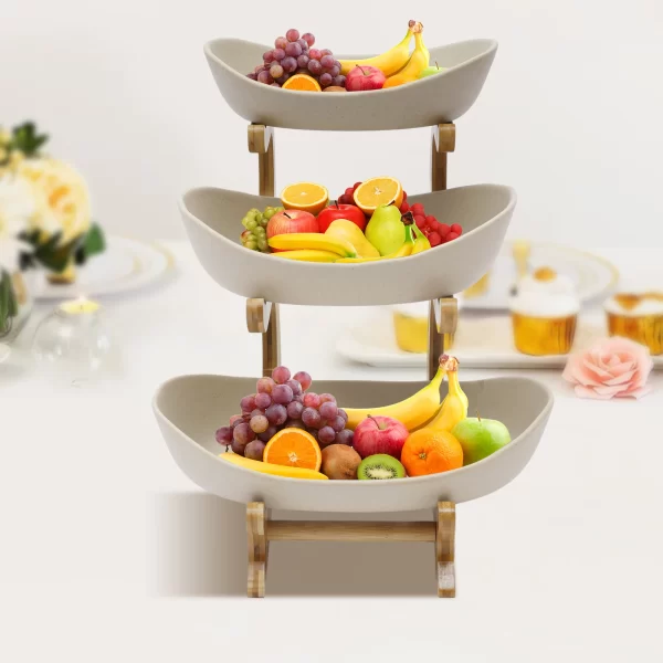 Fruit Bowl, 3 Tier Ceramic Fruit Basket, 3 Tier Serving Stand Serving Bowl with Bamboo Wooden Frame, Porcelain Kitchen Bowls - Image 3