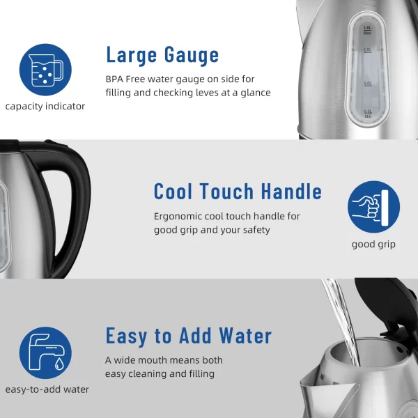Stainless Steel Electric Kettle, 1.8 Liter Tea Kettle Electric & Hot Water Kettle, 1500W Fast Boil with LED Light, Auto Shut-Off - Image 4