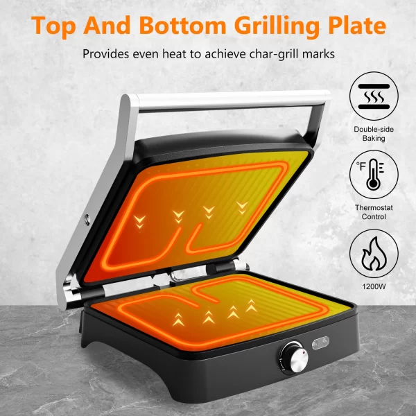 Panini Press Grill Indoor Sandwich Maker with Temperature Setting, 4 Slice Non-stick Grill, Opens 180 Degrees, 1200 W - Image 2
