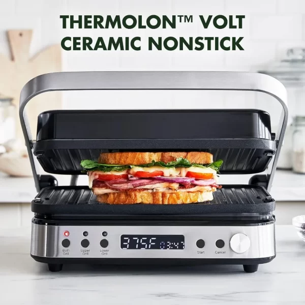 Electric Indoor Stainless Steel 6-in-1 Contact Grill and Griddle, Healthy Ceramic Nonstick, Dishwasher Safe Reversible Plates - Image 2