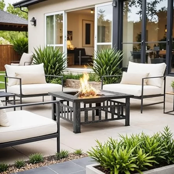 Outdoor Fire Pit 32 Inch Patio Square Metal Firepit with Cover Poker & Grate Wood Burning Fireplace Backyard Stove - Image 2