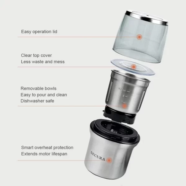 Electric Coffee Grinder and Spice Grinder with 2 Stainless Steel Blades Removable Bowls - Image 6