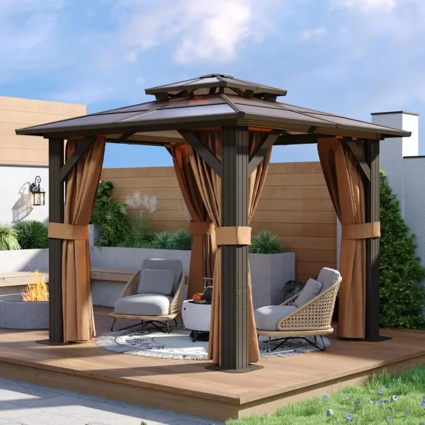 8'x8' Hardtop Gazebo, Aluminum Frame Permanent Pavilion with Curtains and Netting, Outdoor Polycarbonate Double Roof Canopy - Image 3