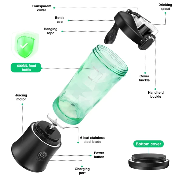 600ml Portable Mini Blender,USB Rechargeable Small Smoothie Blender,Large Capacity Travel Blender Portable Smoothies,Blends Ice - Image 6
