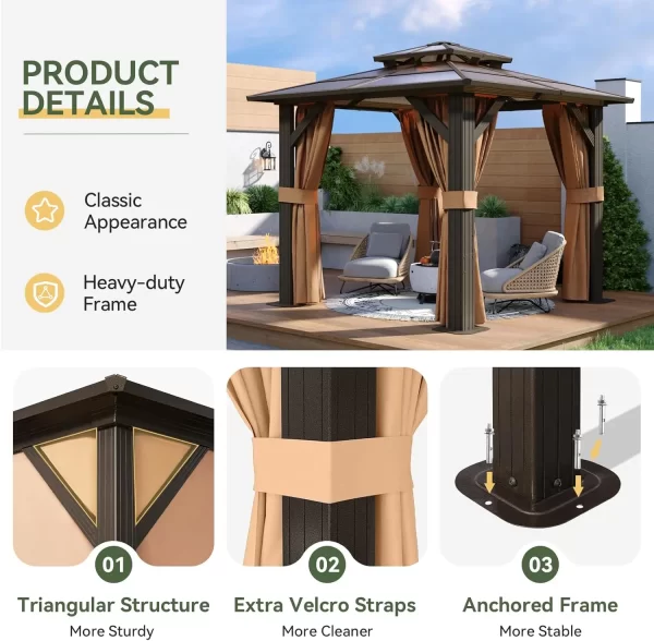 8'x8' Hardtop Gazebo, Aluminum Frame Permanent Pavilion with Curtains and Netting, Outdoor Polycarbonate Double Roof Canopy - Image 6