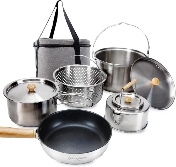 Camping Cookware Set 304 Stainless Steel Campfire Cooking Pots Pan and Kettle with Travel Tote Bag for Camping Outdoor Kitchen C