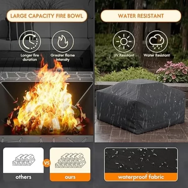 Outdoor Fire Pit 32 Inch Patio Square Metal Firepit with Cover Poker & Grate Wood Burning Fireplace Backyard Stove - Image 3