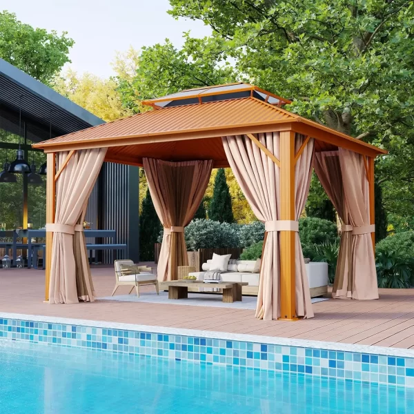 8'x8' Hardtop Gazebo, Aluminum Frame Permanent Pavilion with Curtains and Netting, Outdoor Polycarbonate Double Roof Canopy - Image 7