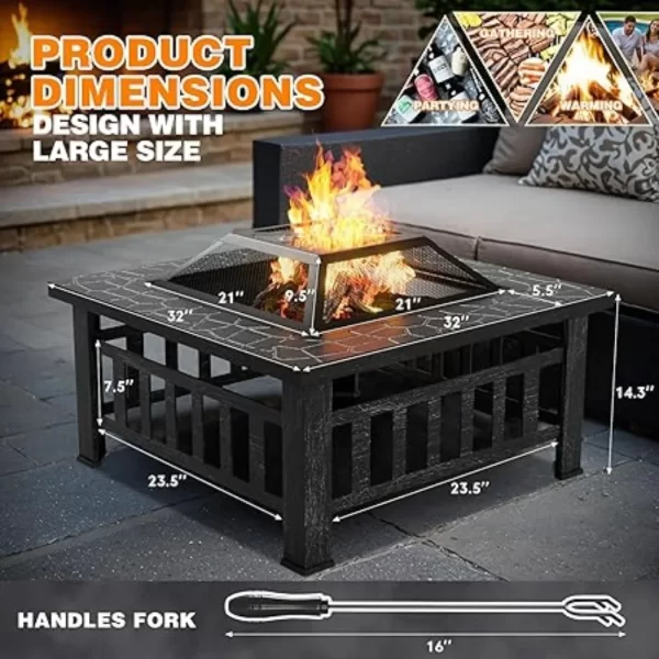 Outdoor Fire Pit 32 Inch Patio Square Metal Firepit with Cover Poker & Grate Wood Burning Fireplace Backyard Stove - Image 4