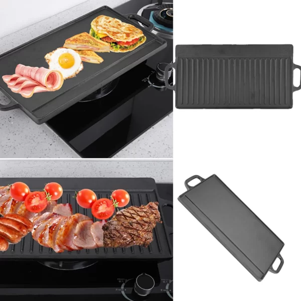 Non-Stick Cast Iron Grill Griddle Pan Ridged and Flat Double Sided Baking Cooking Tray Bakeware - Image 5