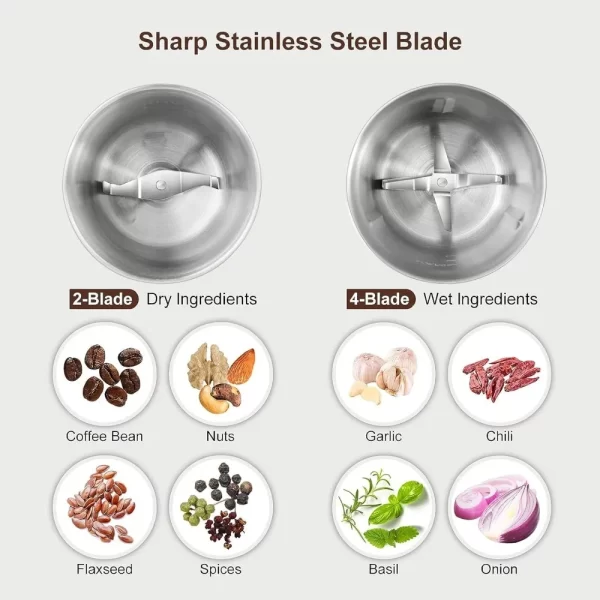 Electric Coffee Grinder and Spice Grinder with 2 Stainless Steel Blades Removable Bowls - Image 2