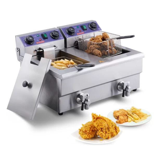 VEVOR Electric Deep Fryer w/Dual Removable Tanks 24L 3000W Commercial Countertop Fryer for Chicken French Fries Frying Chips