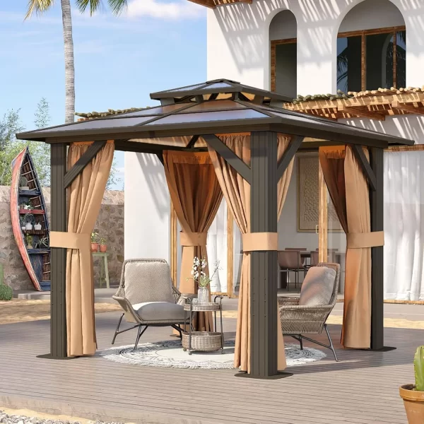 8'x8' Hardtop Gazebo, Aluminum Frame Permanent Pavilion with Curtains and Netting, Outdoor Polycarbonate Double Roof Canopy - Image 2