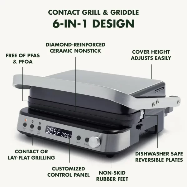 Electric Indoor Stainless Steel 6-in-1 Contact Grill and Griddle, Healthy Ceramic Nonstick, Dishwasher Safe Reversible Plates - Image 4
