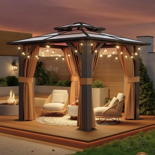 8'x8' Hardtop Gazebo, Aluminum Frame Permanent Pavilion with Curtains and Netting, Outdoor Polycarbonate Double Roof Canopy