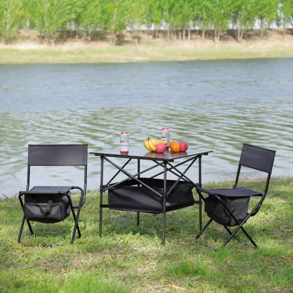 Set of 3, Folding Outdoor Table and Chairs Set for Indoor, Outdoor Camping, Picnics, Beach,Backyard, BBQ, Party, Patio, Black/Gr