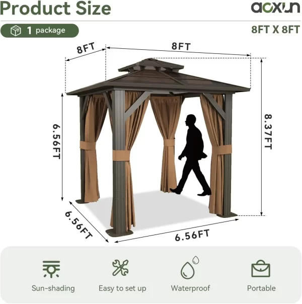 8'x8' Hardtop Gazebo, Aluminum Frame Permanent Pavilion with Curtains and Netting, Outdoor Polycarbonate Double Roof Canopy - Image 4