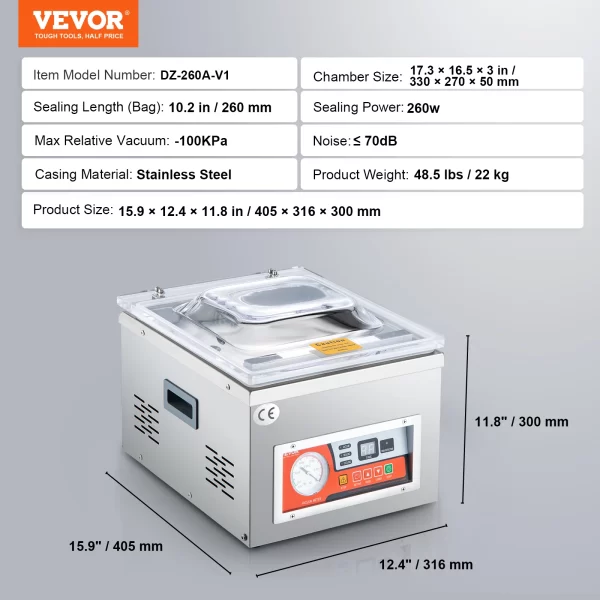 VEVOR DZ-260A Chamber Vacuum Sealer with 15.7" Sealing Length Kitchen Vacuum Packing Machine for Home Wet Foods Meats Marinades - Image 7