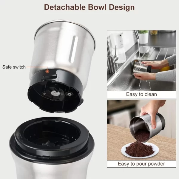 Electric Coffee Grinder and Spice Grinder with 2 Stainless Steel Blades Removable Bowls - Image 5