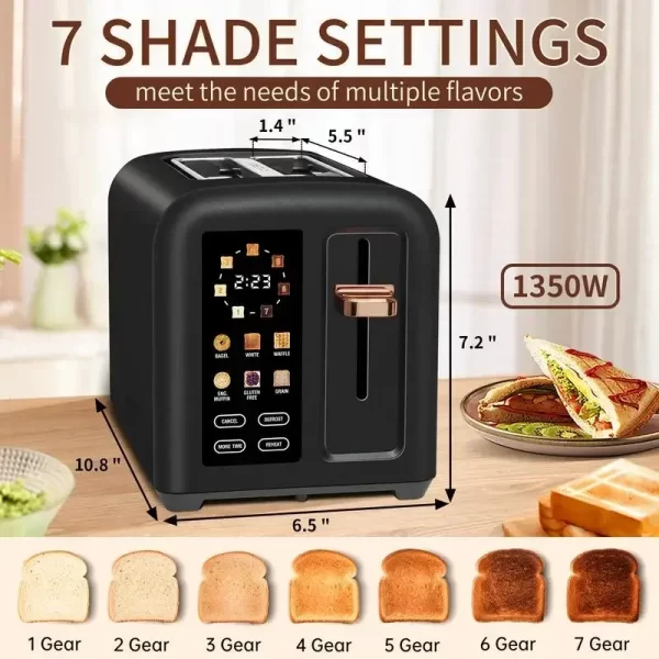 Toaster 2 Slice, Stainless Toaster LCD Display&Touch Button, 50% Faster Heating Speed, 1.4'' Wide Slots Toaster - Image 3