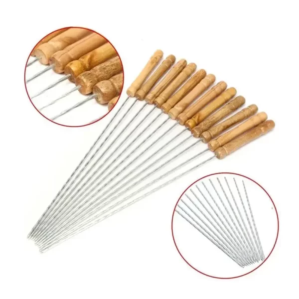 12pcs/set 30cm Reusable BBQ Skewers With Wooden Handle Barbecue Needle Wood Stainless Steel Flattened Rounded Sign Optional Meat