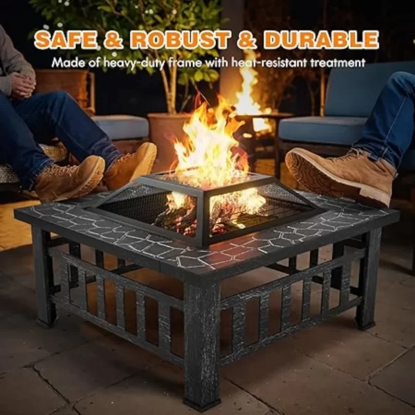 Outdoor Fire Pit 32 Inch Patio Square Metal Firepit with Cover Poker & Grate Wood Burning Fireplace Backyard Stove - Image 5