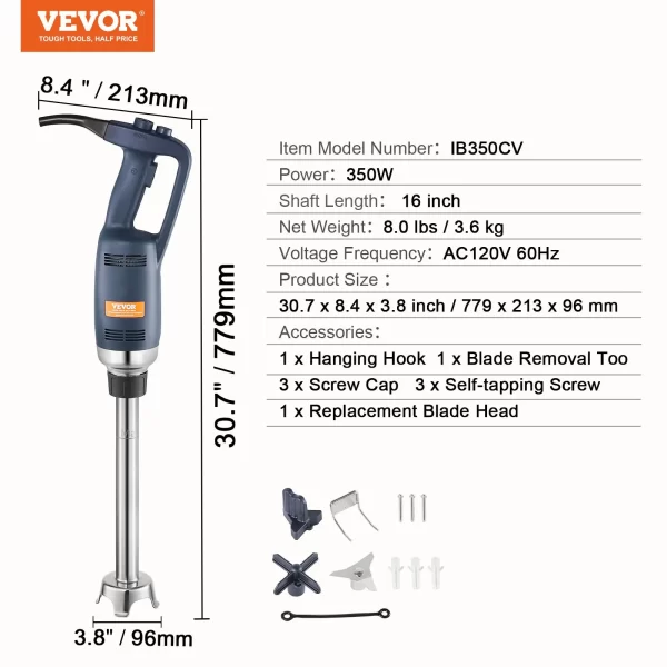 VEVOR Commercial Immersion Blender 350W Heavy Duty Handheld Mixer Fixed/ Variable Speed for Kitchen Soup Sauces Baby Food - Image 7