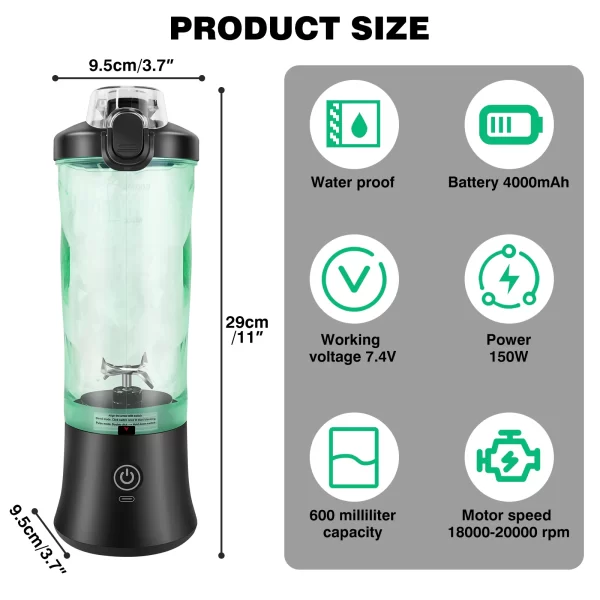 600ml Portable Mini Blender,USB Rechargeable Small Smoothie Blender,Large Capacity Travel Blender Portable Smoothies,Blends Ice - Image 2