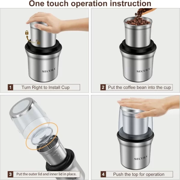Electric Coffee Grinder and Spice Grinder with 2 Stainless Steel Blades Removable Bowls - Image 4