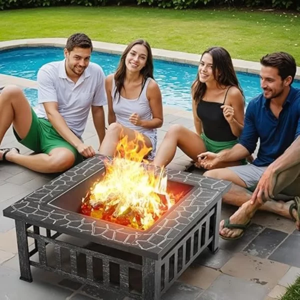 Outdoor Fire Pit 32 Inch Patio Square Metal Firepit with Cover Poker & Grate Wood Burning Fireplace Backyard Stove - Image 6